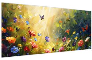 Obraz - Jarná kvetinová lúka, maľba (120x50 cm)