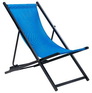 Skladacia plážová stolička modrá látkové sedadlo čierny rám ležadlo na terasu s nastaviteľným operadlom