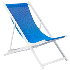 Skladacia plážová stolička modrá látkové sedadlo biely rám ležadlo na terasu s nastaviteľným operadlom
