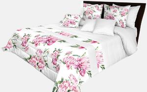 Prehoz na posteľ v krásnej bielej farbe s potlačou ružových kvetín a zelených listov Biela