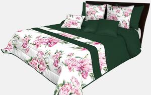 Prehoz na posteľ v krásnej tmavo zelenej farbe s potlačou ružových kvetín a zelených listov Zelená