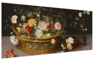 Obraz - Jan Brueghel the Elder, Flowers in a Basket and a Vase, reprodukcia (120x50 cm)