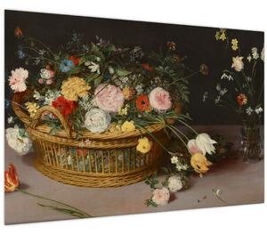 Obraz - Jan Brueghel the Elder, Flowers in a Basket and a Vase, reprodukcia (90x60 cm)