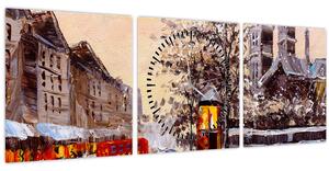 Obraz - Maľba zimného mesta (s hodinami) (90x30 cm)