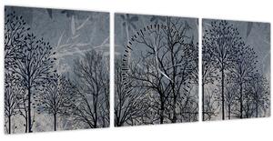 Obraz - Siluety stromov s listami (s hodinami) (90x30 cm)