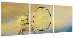 Obraz - Maľba lode na mori (s hodinami) (90x30 cm)