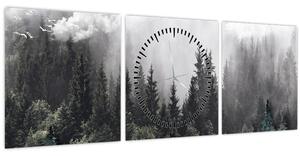 Obraz - Les s ilustrovanými prvkami (s hodinami) (90x30 cm)