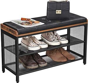 Industriálna lavička s koženým dizajnom, s priestorom na topánky, botník čierna