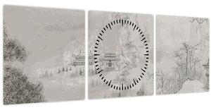 Obraz - Čínska krajina (s hodinami) (90x30 cm)