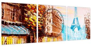 Obraz - Daždivého počasia a Eiffelovej veže (s hodinami) (90x30 cm)