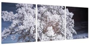 Obraz - Snehobiely strom (s hodinami) (90x30 cm)
