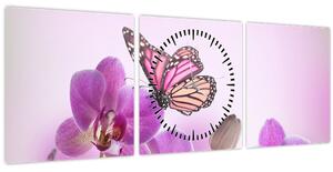Obraz - Motýľ na kvetoch orchidey, lila (s hodinami) (90x30 cm)