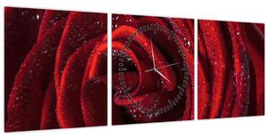 Obraz - Červená ruža s kvapkami rosy (s hodinami) (90x30 cm)
