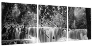 Obraz - Čiernobiely vodopád (s hodinami) (90x30 cm)