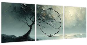 Obraz - Olejomaľba stromu s oceánom (s hodinami) (90x30 cm)