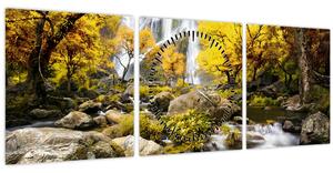Obraz - Vodopády v jesennej krajine, žlté (s hodinami) (90x30 cm)