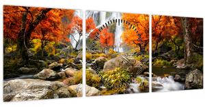 Obraz - Vodopády v jesennej krajine, oranžový (s hodinami) (90x30 cm)
