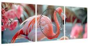 Obraz - Plameniak v jazierku (s hodinami) (90x30 cm)