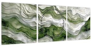 Obraz - Zelenobiele vlnky (s hodinami) (90x30 cm)