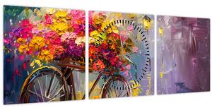 Obraz - Bicykel s kvetmi (s hodinami) (90x30 cm)