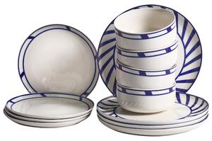 12-dielna súprava porcelánového jedálenského riadu biela s modrým okrajom glazúrovaná ručne vyrobená sada riadu jedáleň kuchyňa