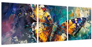 Obraz - Motýľ, olejomaľba (s hodinami) (90x30 cm)
