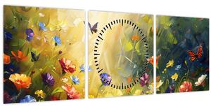 Obraz - Jarná kvetinová lúka, maľba (s hodinami) (90x30 cm)