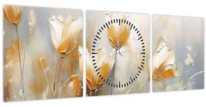 Obraz - Maľba tulipánov (s hodinami) (90x30 cm)
