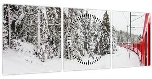 Obraz - Vlak v zasneženej krajine (s hodinami) (90x30 cm)