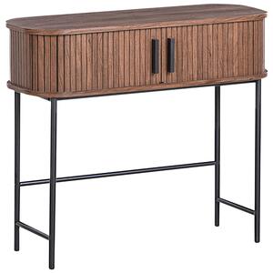 Konzolový stôl tmavohnedý čierne nohy MDF kov 80 x 30 cm retro štýl posuvné dvierka obývacia izba