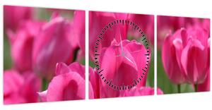 Obraz - Ružové tulipány (s hodinami) (90x30 cm)