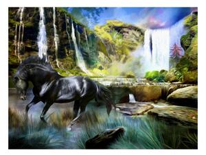 Fototapeta - Kôň na pozadí nebesky modrého vodopádu + zadarmo lepidlo - 200x154