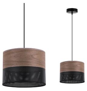 Závesné svietidlo Wood, 1x hnedá orechová dýha/čierne PVC tienidlo, (fi 20cm)