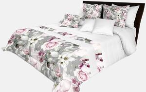 Romantický prehoz na posteľ v šedo-bielej farbe s nádhernými ružovými kvetinami rôznych druhov Biela