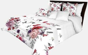 Romantický prehoz na posteľ v bielej farbe s nádhernými ružovo-fialovými kvetinami Biela