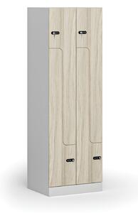 Kovová šatníková skrinka Z, 4 oddiely, 1850 x 600 x 500 mm, mechanický kódový zámok, laminované dvere, dub prírodný