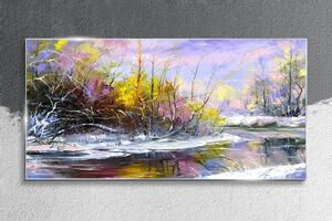 Skleneny obraz Zimné strom rieka voľne žijúcich živočíchov