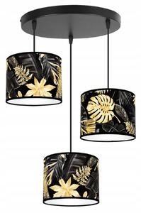 Závesné svietidlo Gold Flowers, 3x čierne textilné tienidlo s kvetinovým vzorom, o