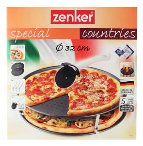 Set 2 perforovaných plechov na pizzu, 3 stojanov a krájača Zenker Special Countries, ø 32 cm