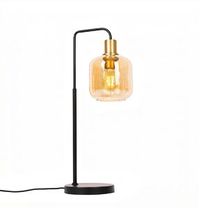 Dizajnová stolná lampa čierna s mosadzou a jantárovým sklom - Zuzanna