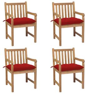 Záhradné stoličky 4 ks s červenými podložkami tíkový masív