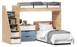 Detská poschodová posteľ Trendy 90x200cm s komodou - dub zlatý/biela/modrá