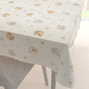 Biante Luxusný dekoračný vianočný obdĺžnikový obrus Parma PM-138 Strieborno-zlaté vianočné banky na strieborno-krémovom 50x100 cm
