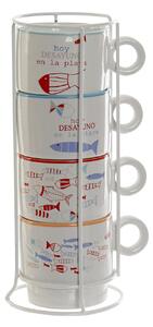 Kávová súprava s motívom "rybičky" 4 šálky 200ml v kovovom stojane 11,5x9x24,5cm (LC-160271 COFFEE SET 4 STONEWARE 11,5X9X24,5 200 ML. FISHES)