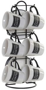 Kávová súprava s motívom "coffee" 6 šálok 180ml s podšálkou v kovovom stojane 12x12x2cm (LC-165848 COFFEE SET 6 STONEWARE METAL 12X12X2 180ML BLACK)