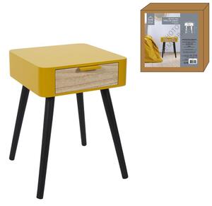 Nočný stolík s 1 zásuvkou, žltý, drevo 48x35x40 cm (HD7337 1 drawer mustard yellow wooden bedside table)