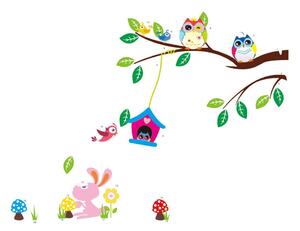 Sada nástenných detských samolepiek Ambiance Owls and Bird Cage On Tree