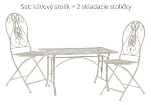 Záhradný set - kávový stolík 100x50x56 cm + 2 skladacie stoličky, biely kov s patinou (MB17693-1 COFFEE TABLE + 2x CHAIR METAL AGED WHITE 100X50X56 )