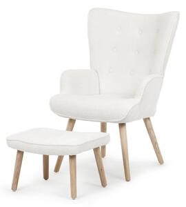 Relaxačné kreslo ušiak ROMEO II + taburet — masívne drevo, látka bouclé, prírodná / biela