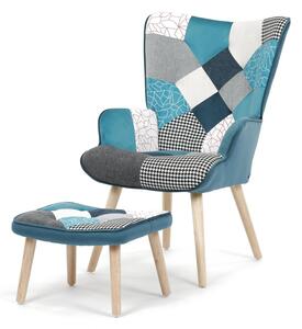 Relaxačné kreslo ušiak LISA + taburet — masív, látka, modrý patchwork